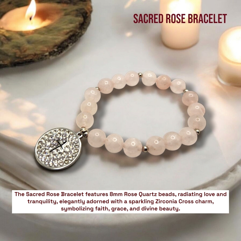 8 mm Rose Quartz Zirconia Cross charm bracelet